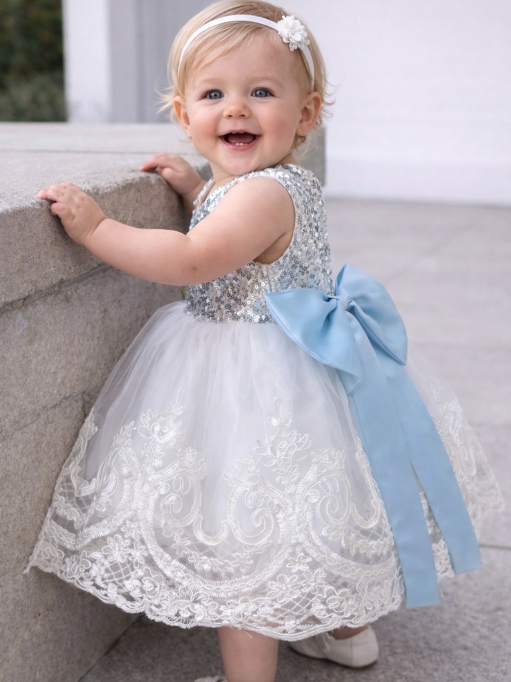 Baby Girls White Lace & Silver Sequin Formal Dress with Blue Bow